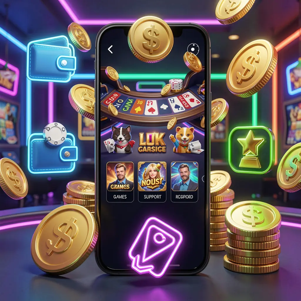XE666 online casino app interface displayed on a smartphone surrounded by icons for wallet, games, support, and rewards, with golden coins and neon lights in a luxury 3D render