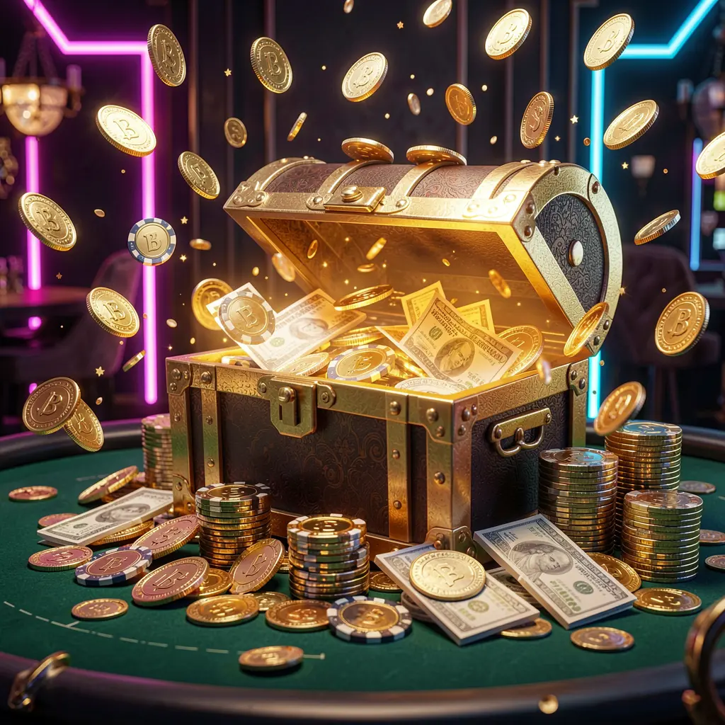 XE666 premium online casino bonus banner featuring golden coins flying in the air and a glowing treasure chest filled with chips and cash against a luxury dark background with neon accents in an elegant casino style