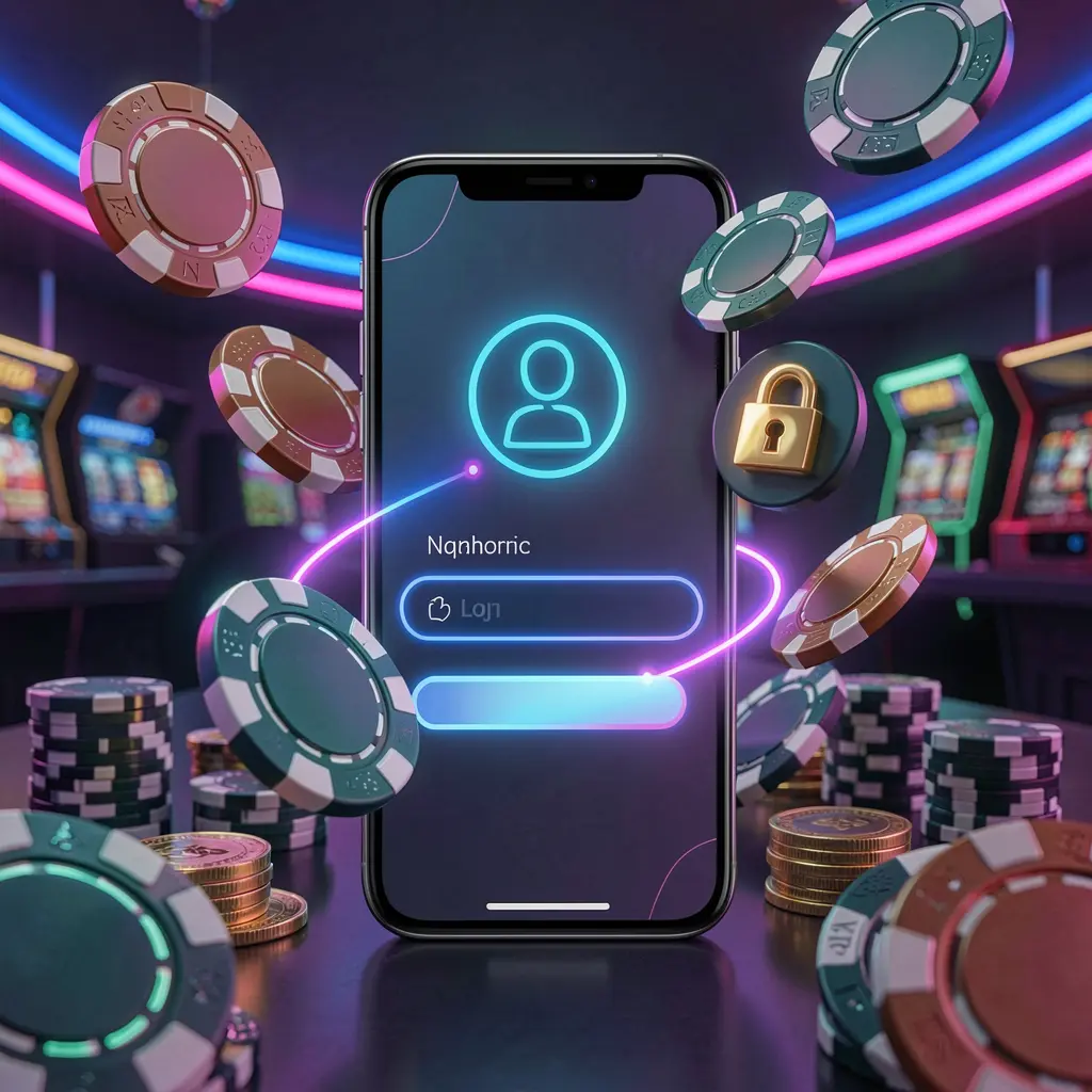 XE666 mobile gaming login page concept on a smartphone with an abstract login interface featuring user and lock icons, surrounded by casino chips and coins under luxury neon lighting