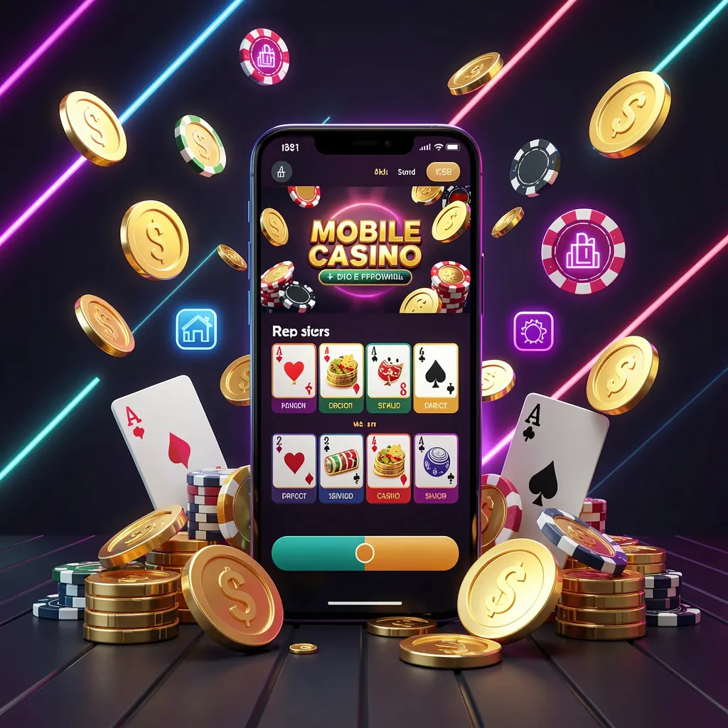 XE666 mobile casino homepage concept featuring a smartphone surrounded by golden coins, chips, cards, and glowing icons on a modern dark background with neon accents