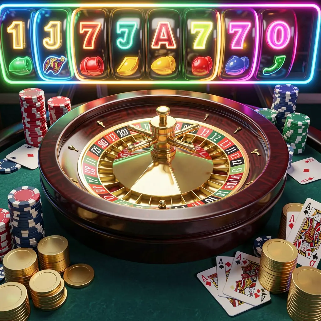 XE666 casino homepage visual featuring a realistic 3D render of a roulette wheel, poker chips, playing cards, golden coins, and bright neon jackpot lights in a dynamic composition